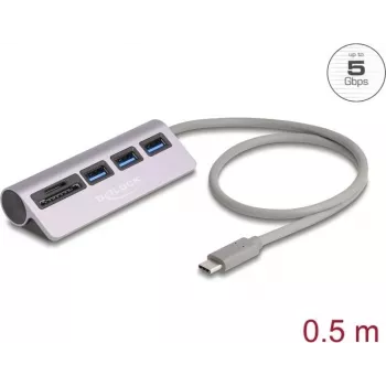 USB šakotuvas DELOCK 3 prievadai 5 Gbps su SD ir microSD kortelių skaitytuvu bei USB-C jungtimi