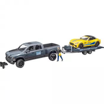 BRUDER 2504 žaislinis automobilis Dodge RAM 2500 su priekaba ir lenktyniniu automobiliu