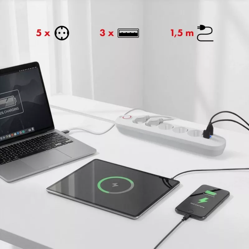 Maitinimo blokas MACLEAN MCE395 W – 5 lizdai, 3× USB A, 110–240 V AC, 2,1 A USB, max 2500 W, baltas, 1,5 m laidas