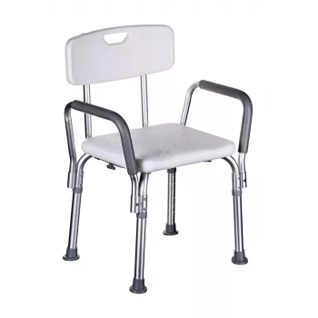 Priekabinis dušo kėdė ActionMed KP300AM su atlošu ir porankiais, polipropilenas, reguliuojamas aukštis 43–56 cm, sėdynė 40×33 cm, maks. svoris 110 kg