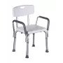 Priekabinis dušo kėdė ActionMed KP300AM su atlošu ir porankiais, polipropilenas, reguliuojamas aukštis 43–56 cm, sėdynė 40×33 cm, maks. svoris 110 kg