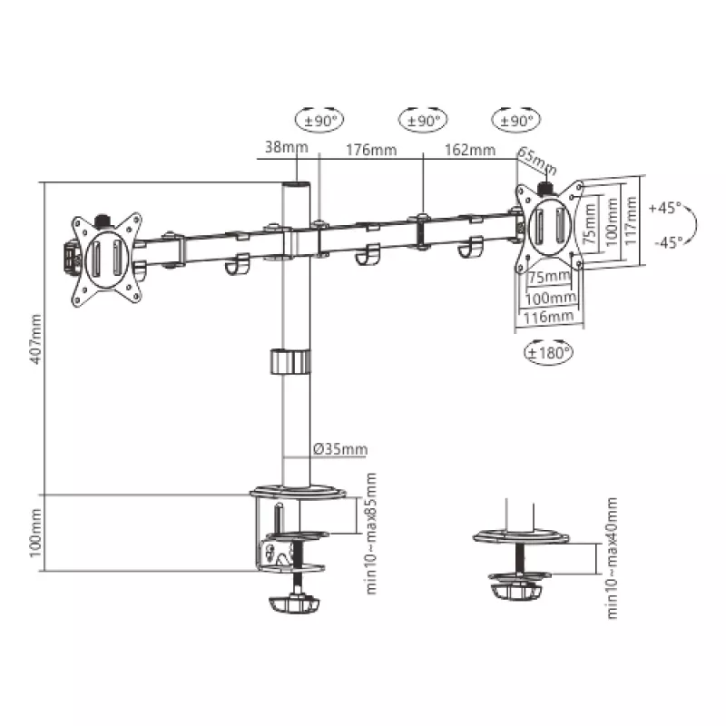 Laikiklis monitoriams Gembird MA-D2-01 dviems ekranams iki 32 colių, VESA 75x75–100x100, spaustuvas, 18 kg, juodas