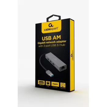 Gembird A-AMU3-LAN-01 USB-A į Gigabit LAN adapteris su 3 prievadų USB 3.0 šakotuvu, juodas