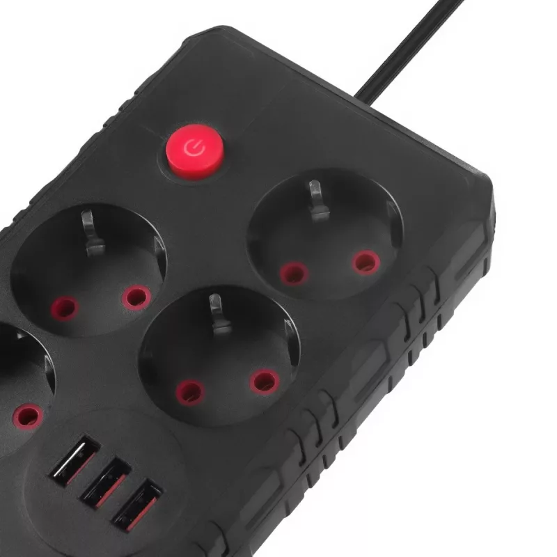 Ilgintuvas MACLEAN MCE393 B – 4 kištukiniai lizdai, 3×USB, 110–240V, 2500W, 3 m laidas, juodas