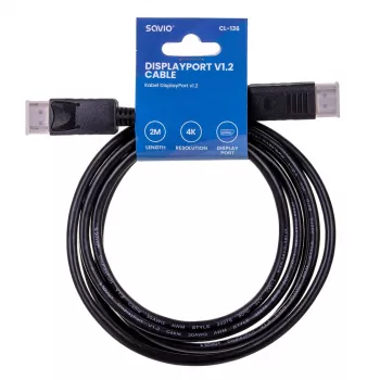 DisplayPort kabelis SAVIO CL-136, DisplayPort kištukas–kištukas, 2 m, DP 1.2, paauksuoti kontaktai, juodas