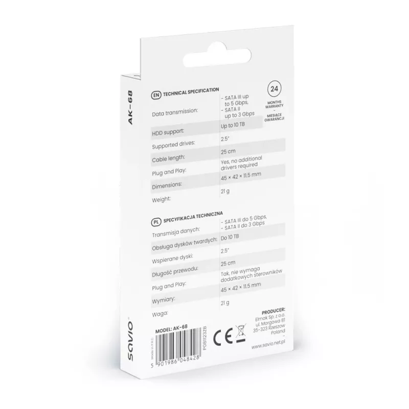 SAVIO SATA į USB 3.1 Gen 1 sąsajos laidas AK-68, SATA lizdas į USB-A kištuką, 5 Gbit/s, 0,25 m, juodas