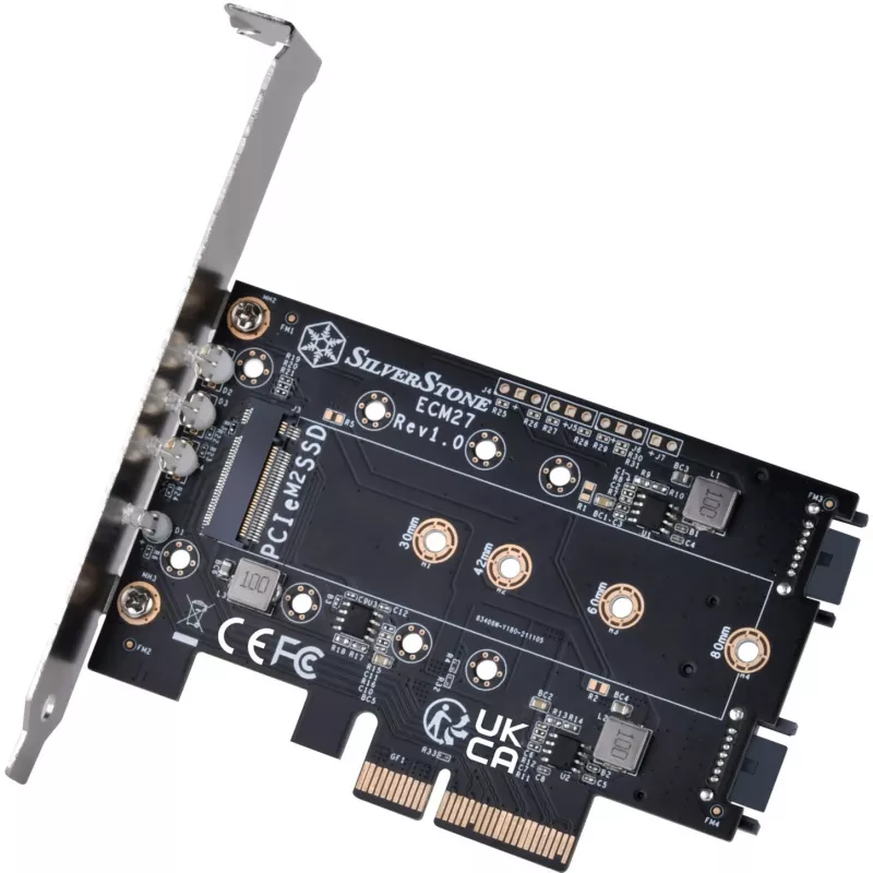 Silverstone SST-ECM27 M.2/SATA adapterio kortelė, PCIe 4.0, 1x M-Key, 2x SATA 6G - Low Profile
