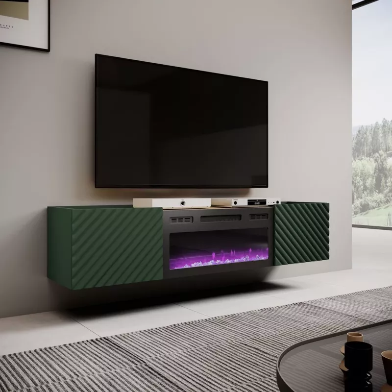 TV spintelė su elektriniu židiniu Cama Meble ONDA 180,5×40×58,0 cm, medžio drožlių plokštė, žalia, laisvai pastatoma arba montuojama ant sienos