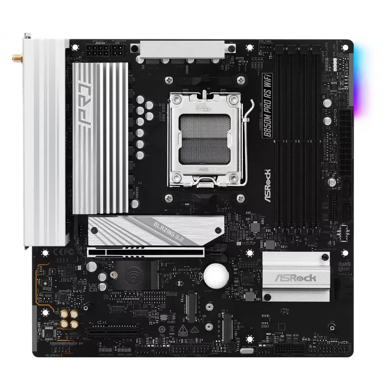 Pagrindinė plokštė ASRock B850M Pro RS WiFi — AMD B850, Socket AM5, microATX, DDR5, 4 DIMM, 256GB, Wi‑Fi 6E, 2.5Gb LAN, 3x M.2