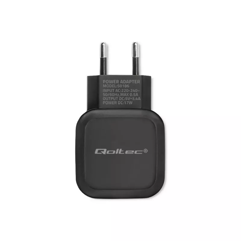 Vidinis AC įkroviklis QOLTEC 50186 išmaniajam telefonui ir planšetei, 5 V 3,4 A, 17 W, 2× USB, juodas