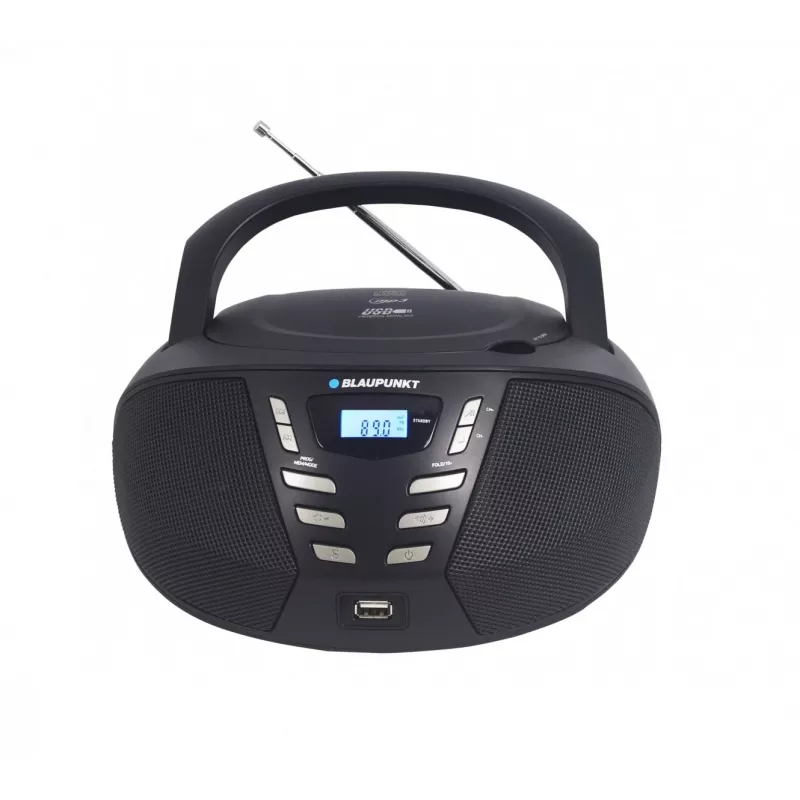 Nešiojamas CD grotuvas Blaupunkt BB7BK – MP3, FM radijas, USB, AUX, baterijomis maitinamas, 2 įmontuoti garsiakalbiai, 240×230×128 mm