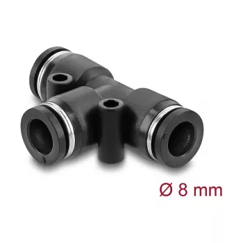 Pneumatinė T formos jungtis DELOCK 8 mm, vidinis sriegis, metalo/plastiko korpusas, 46 mm, dvi tvirtinimo angos