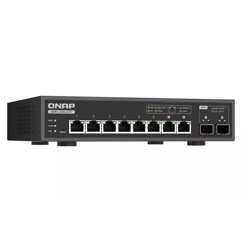 QNAP QSW-L3208-2C6T tinklo jungiklis, valdomas L2, 10G Ethernet (100/1000/10000), stalinis, juodas
