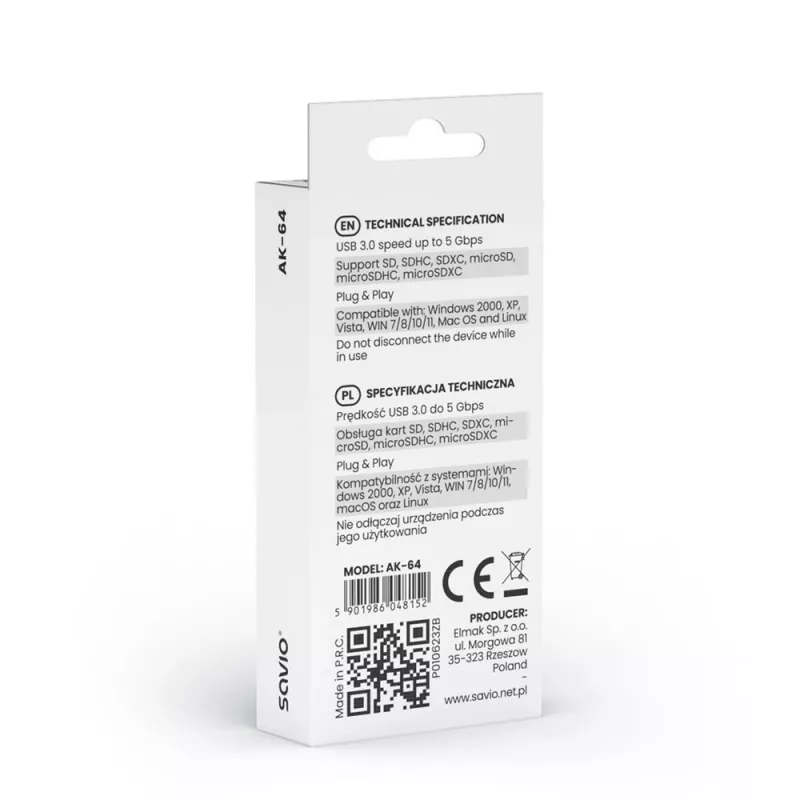 Kortelių skaitytuvas SAVIO AK-64 USB 3.2 Gen 1 Type-A, MicroSD lizdas, 5000 Mbit/s, juodas