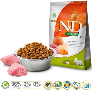 Sausas šunų ėdalas Farmina N&D Pumpkin Adult Mini Boar & Apple 7 kg, be grūdų, 30% baltymų, 18% riebalų, mažų veislių suaugusiems šunims