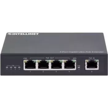 Intellinet 4 prievadų Gigabit Ultra PoE ilgintuvas, prailgina atstumą iki 100 m, 90 W PoE galios biudžetas, keturi PSE prievadai iki 30 W, IEEE 802.3bt/at/af, metalinis korpusas