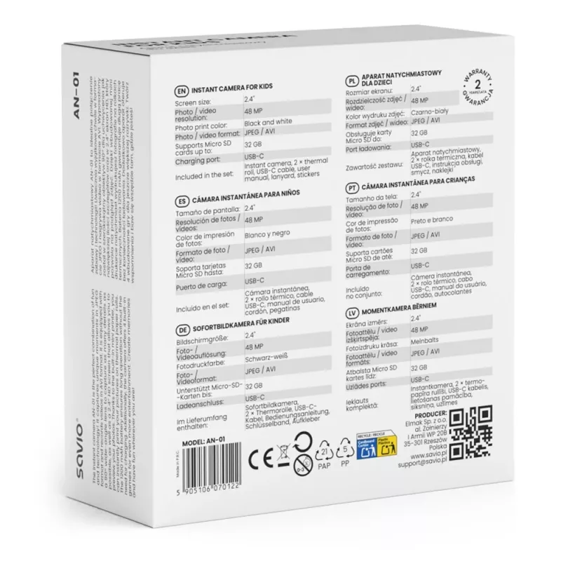Momentinė spausdinimo kamera SAVIO AN-01 vaikams, balta, 2,4 colio LCD, MicroSDHC iki 32 GB, USB-C, 1200 mAh baterija