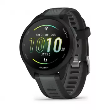 Garmin Forerunner 165 Music – juodas sportinis laikrodis su silikoniniu dirželiu, pilkai šiferio spalvos, 1,2 colio ekranas, 126–203 mm riešo apimtis (010-02863-30)
