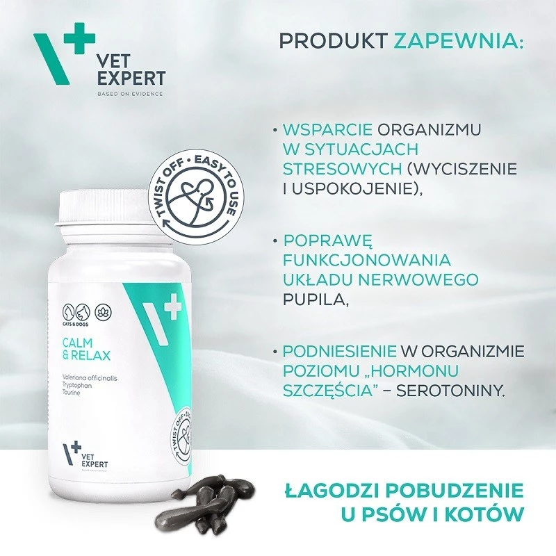 VETEXPERT Calm&Relax 30 kapsulių raminamasis papildas šunims ir katėms, be glitimo, be konservantų