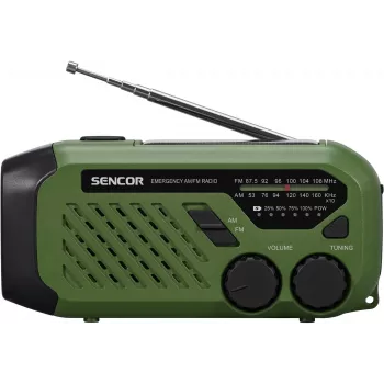 Nešiojamas FM/AM radijas SENCOR SRD1000SCLGR su Bluetooth, saulės/sukamos rankenos/USB-C įkrovimu, 2000 mAh baterija, IPX4, LED šviesomis