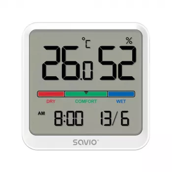 Vidaus temperatūros ir drėgmės jutiklis SAVIO CT-01/W, LCD ekranas, -10–55°C, 10–99%RH, baterija CR2032