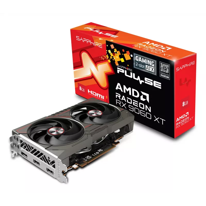 Vaizdo plokštė Sapphire Radeon RX 9060 XT – 8 GB GDDR6, 128 bitų, PCIe x16 5.0, dviejų ventiliatorių aušinimas