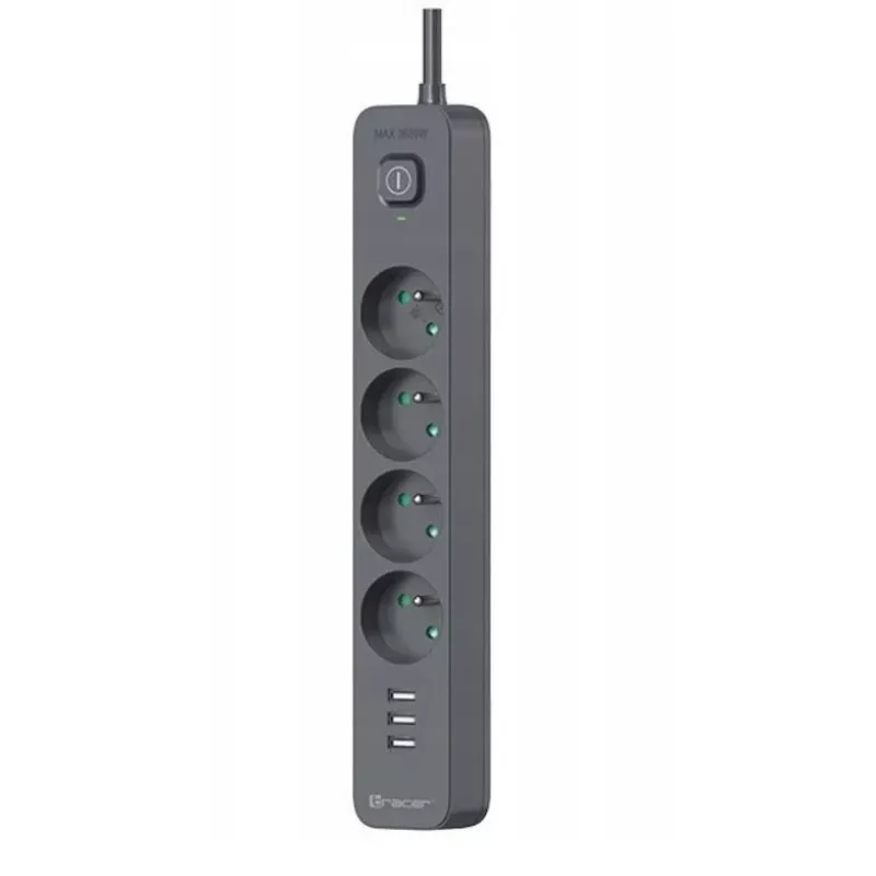 TRACER Power Line+ apsauginis ilgintuvas su USB 1,5 m (4 kištukiniai lizdai + 3x USB-A, 5V 2,4A)