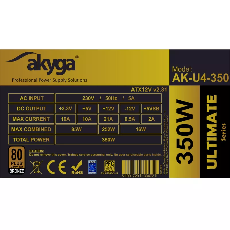 Akyga AK-U4-350 Ultimate 350 W ATX maitinimo blokas, 80 PLUS Bronze, aktyvusis PFC, 120 mm ventiliatorius