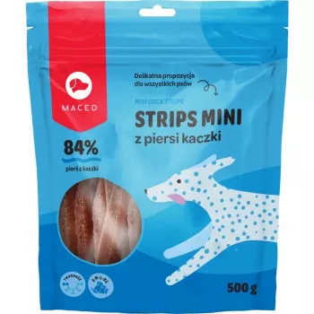 Šunų dresūros skanėstai MACED Mini Ducks Strips 500 g – antienos mėsa, smulkūs kramtomi gabalėliai, 45% baltymų