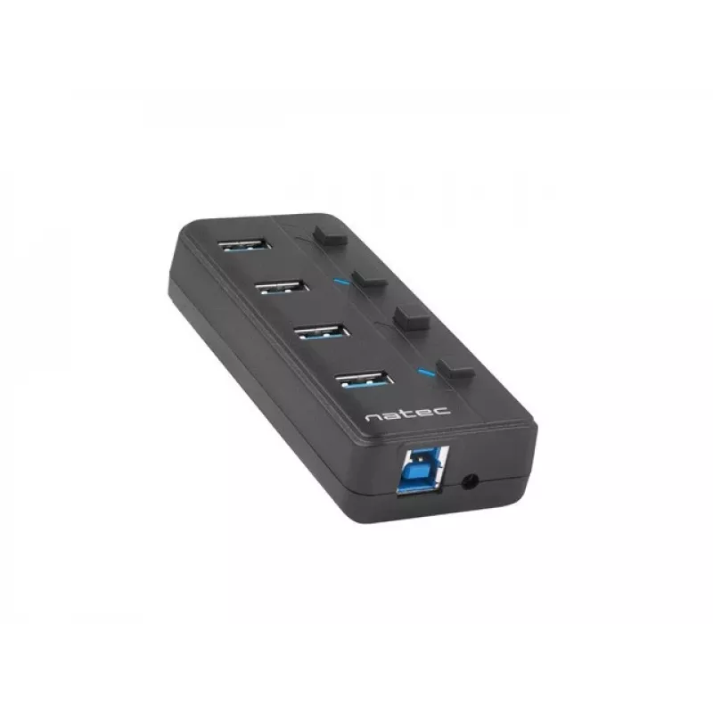 USB šakotuvas NATEC MANTIS USB 2.0 Type-B — 4x USB 3.2 Gen 1 Type-A, juodas, 0,8 m laidas, maitinimo adapteris, maitinimo jungiklis