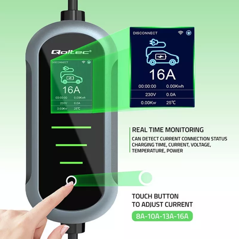 Nešiojamas elektromobilio kroviklis QOLTEC Mobile EV 2in1 Type2 11 kW 400 V Wi‑Fi TUYA SMART LIFE LCD sieninis 5 m kabelis