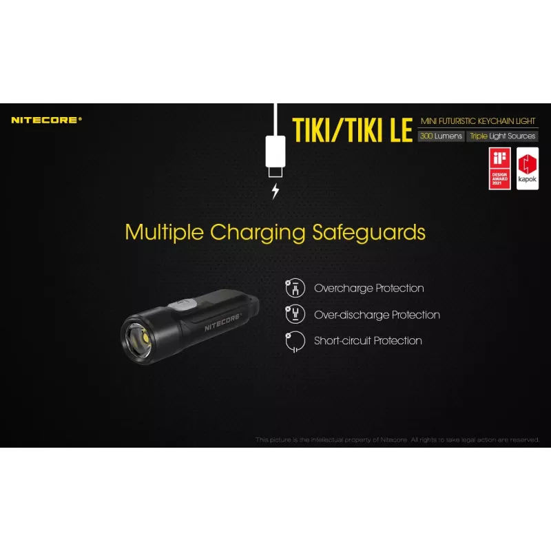 Rankinis žibintuvėlis Nitecore TIKI LE – 300 lm, USB įkraunamas, polikarbonatas, IP66, atsparus smūgiams, 10,5 g, 55 mm, Juodas
