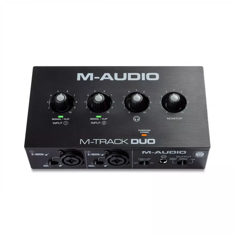 Garso sąsaja M-Audio M-Track Duo – USB 2 įėjimai / 2 išėjimai, 16 bitų / 48 kHz, 1x XLR/TS kombinuotas, 1x instrumentinis įėjimas, fantominis maitinimas 48V