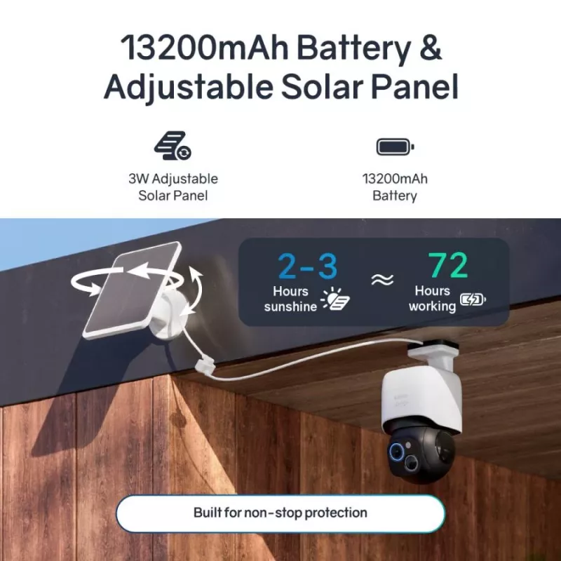 Safemo ST1 SolarCam 4K UHD vaizdo kamera, 8x priartinimas, 132° vaizdas, naktinis matymas, Wi-Fi 2,4 GHz, 3W saulės baterija, balta