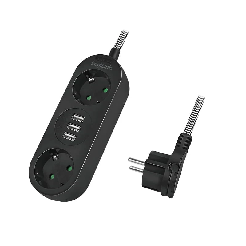Prailginimo laidas LogiLink LPS262U 1,5 m 2 AC lizdai vidaus juodas