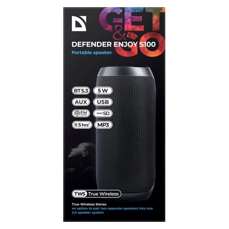Nešiojamas belaidis garsiakalbis DEFENDER ENJOY S100 — 10W, Bluetooth 5.3, 5h baterija, LED apšvietimas, įmontuotas mikrofonas