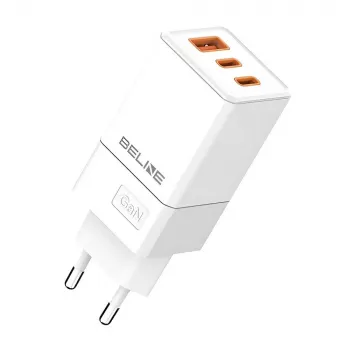 Beline sieninis įkroviklis 2x USB-C 1x USB 65W baltas (tik galvutė) PD 3.0 QC