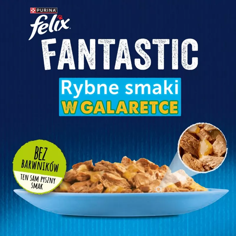 Šlapias kačių maistas Purina Nestlé FELIX Fantastic žuvies skoniai – tunas, lašiša, menkė, plekšnė, 12×85 g paketėliai