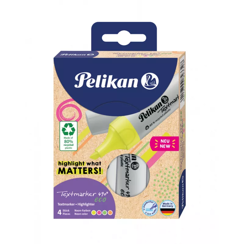 Markeris Pelikan Textmarker 490 eco 4 vnt. Smailusis antgalis Žalia Oranžinė Rožinė Geltona