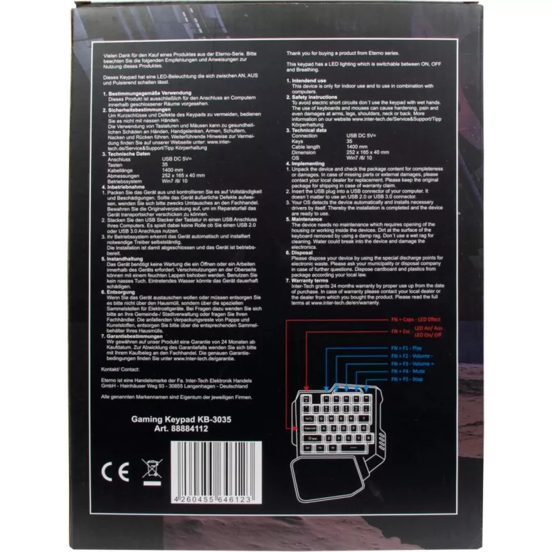 Inter-Tech KB-3035 RGB žaidimų klaviatūra, 35 klavišai, USB, juoda