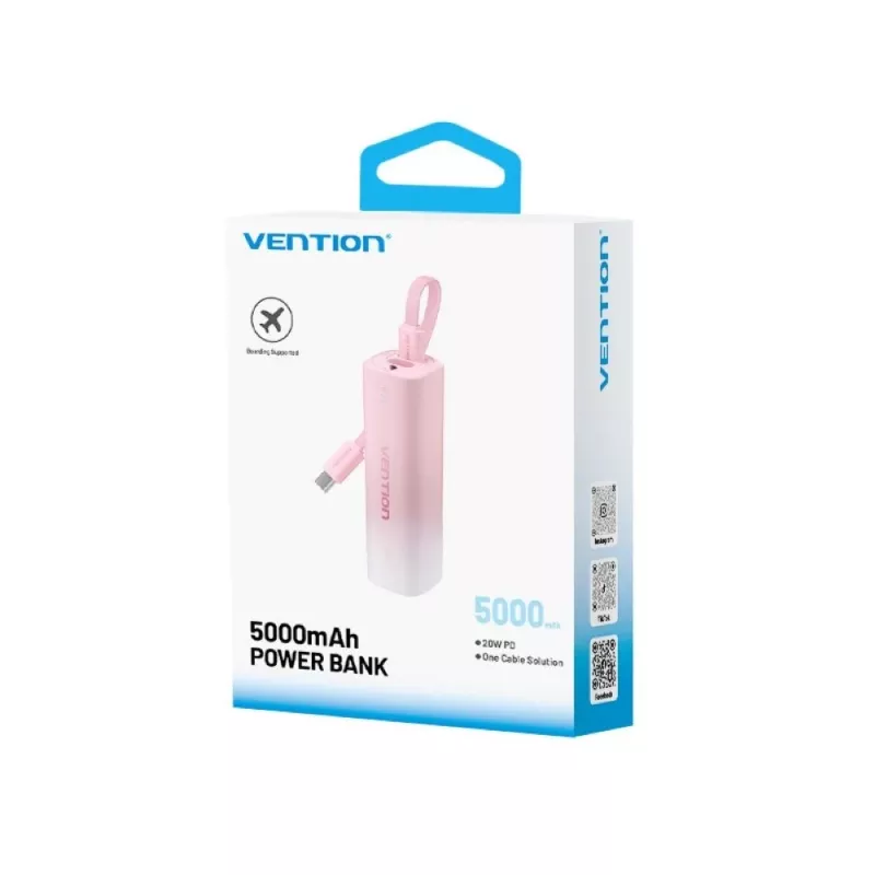 Nešiojamas powerbank Vention FHWR0, 5000 mAh, USB-C/USB-A, 20W PD, su įmontuotu 3-in-1 kabeliu