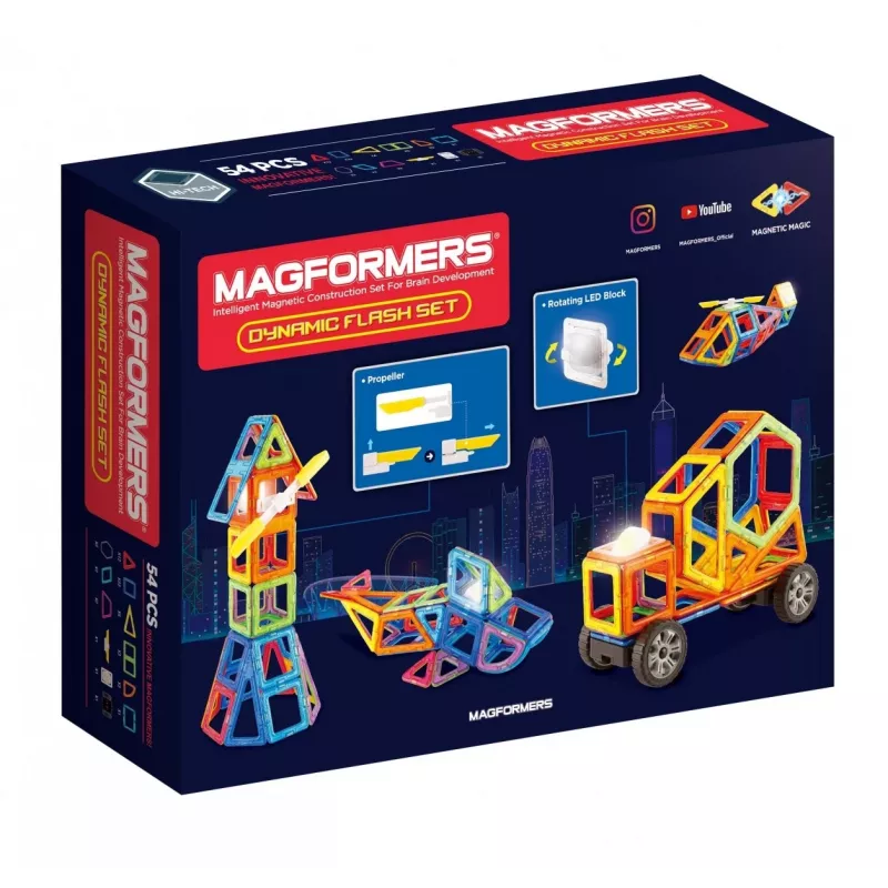 MAGFORMERS Dynamic Flash 54 vnt. magnetinis konstravimo rinkinys – kvadratinės ir trikampės plytelės