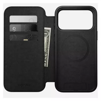 Nomad Modern Leather Folio dėklas iPhone 17 Pro Max — Tan (oda, iki 17,5 cm ekrano, 4 kortelių kišenės)