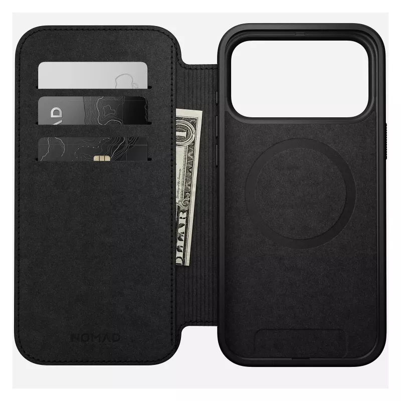Nomad Modern Leather Folio dėklas iPhone 17 Pro Max — Tan (oda, iki 17,5 cm ekrano, 4 kortelių kišenės)