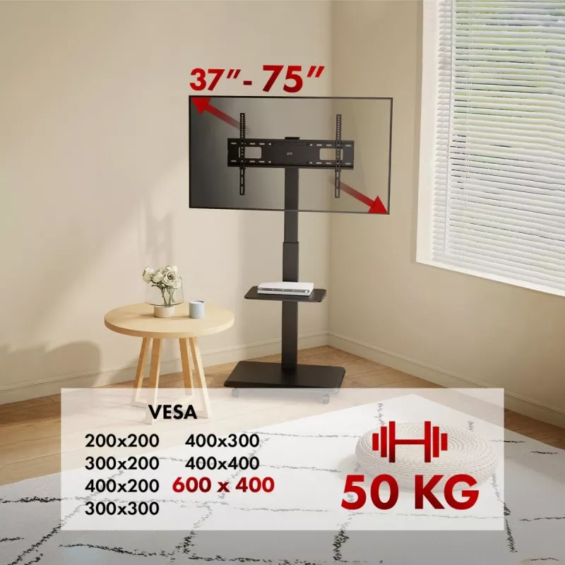 Grindinis TV stovas ergo office ER-304 B, maks. apkrova 50 kg, VESA 600x400
