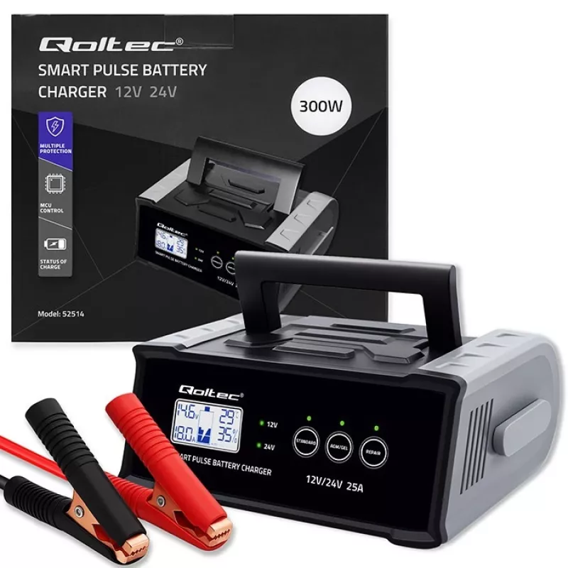 Įkroviklis QOLTEC 52514 – 12V/24V, 25A, AGM/GEL/SLA baterijoms su LCD ekranu