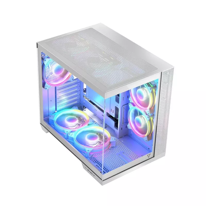 PC korpusas MODECOM Volcano Panorama Midi Tower baltas – micro ATX, grūdintas stiklas, ARGB, USB-C, palaiko GPU iki 400 mm