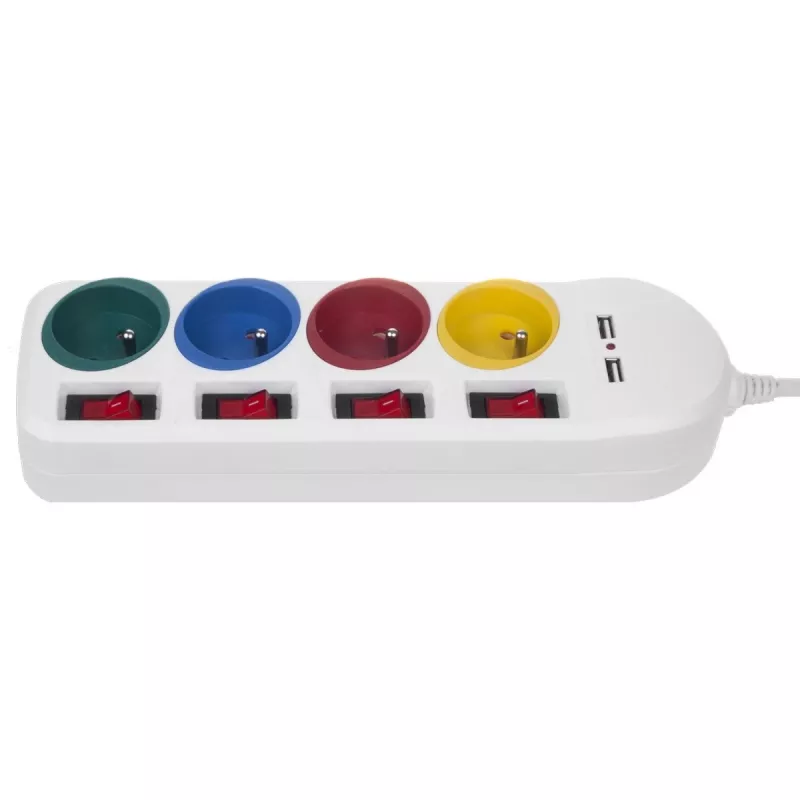 Maclean MCE229W ilgintuvas – 4 kištukiniai lizdai, 2× USB, 1,5 m laidas, baltas