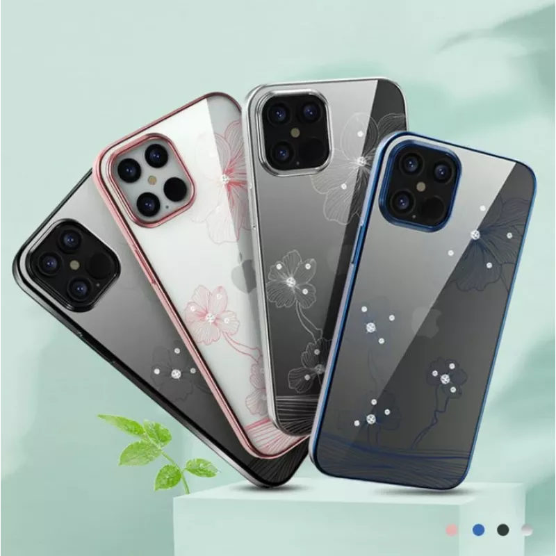 Apsauginis dėklas Devia Crystal Flora iPhone 12 / 12 Pro — mėlynas permatomas su gėlių raštu