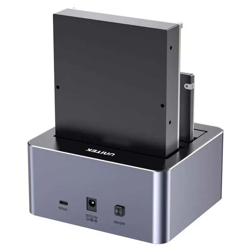 Docking stotelė Unitek 51642 2,5 colio/3,5 colio SATA diskams, USB-C 10Gbps, 2 lizdai, aliuminis